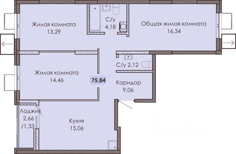 3-комн., 75.84 м², 1/9 этаж