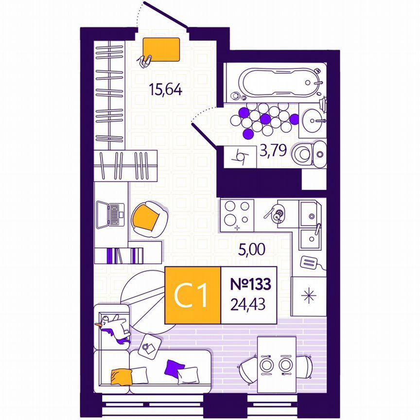 Студия, 24.4 м2, 9/12 этаж