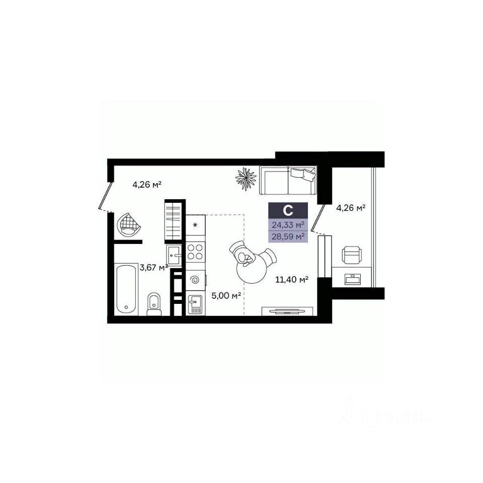 Студия, 28.59 м², 7/14 этаж