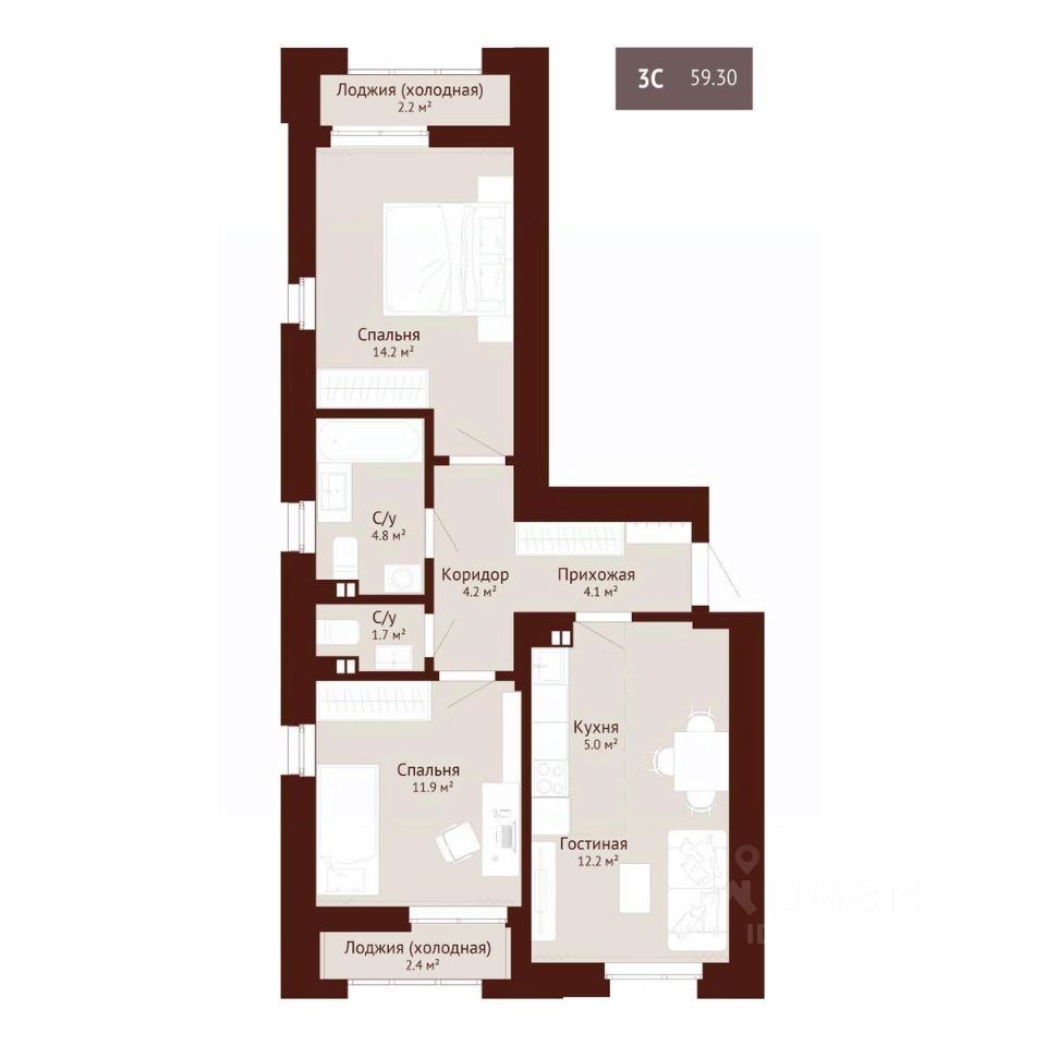 3-комн. квартира, 61.45 м², 7/9 этаж