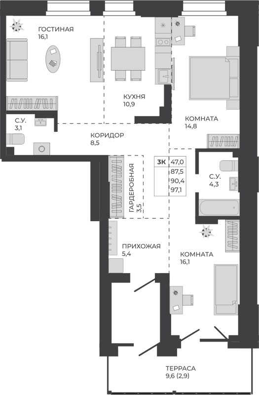 3-комн., 90.4 м², 1/21 этаж