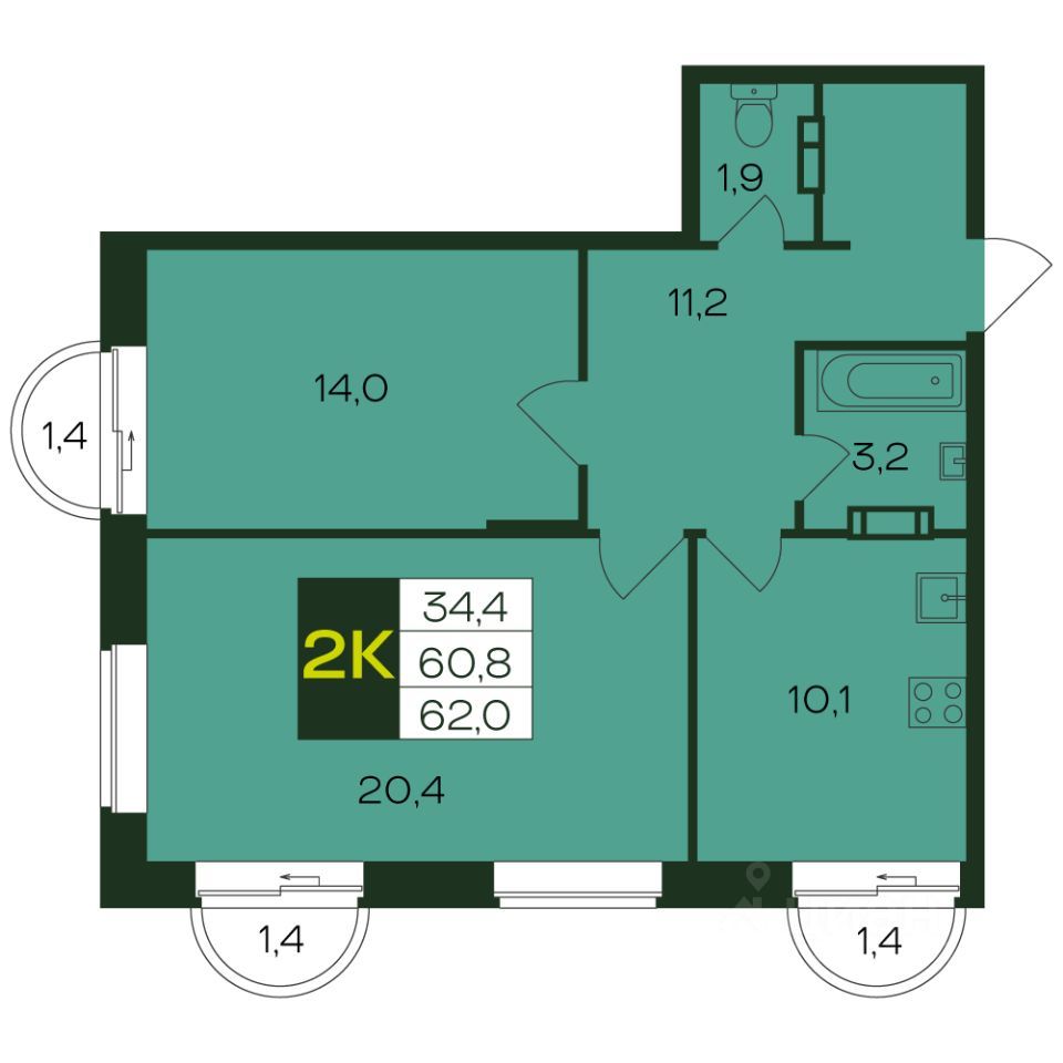 2-комн., 61.6 м², 8/12 этаж