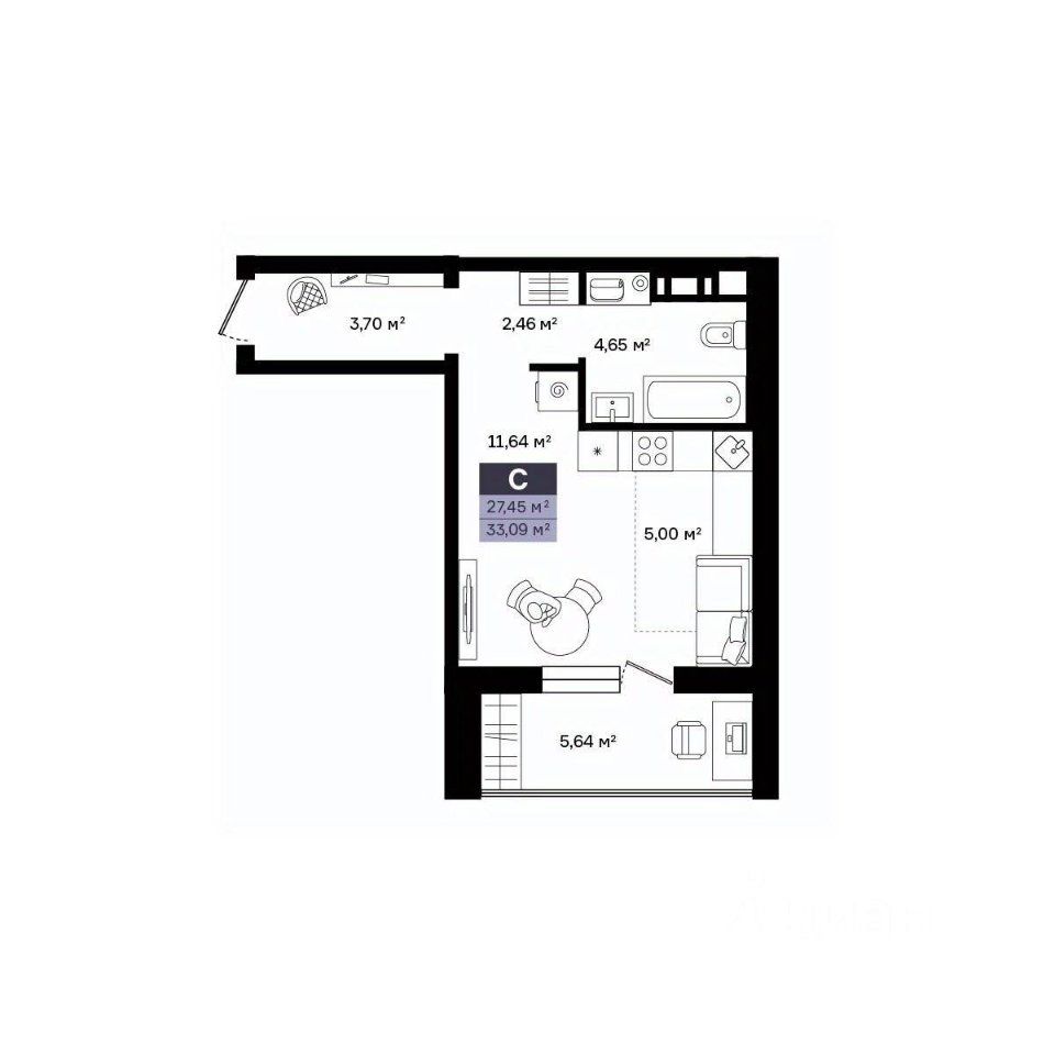 Студия, 33.09 м², 3/8 этаж
