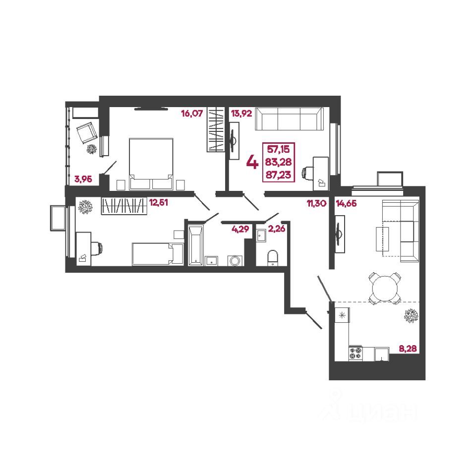 4-комн. квартира, 87.23 м², 8/17 этаж