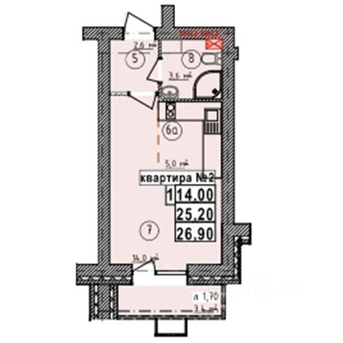 Студия, 26.9 м², 2/5 этаж