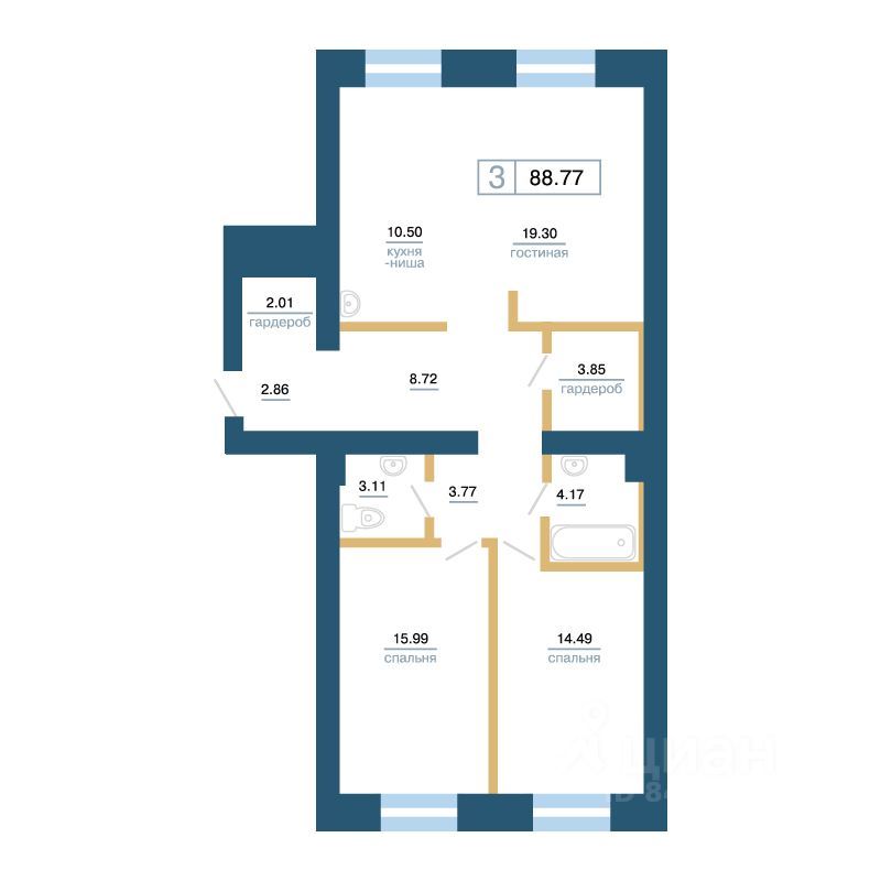 3-комн., 86.7 м², 2/7 этаж