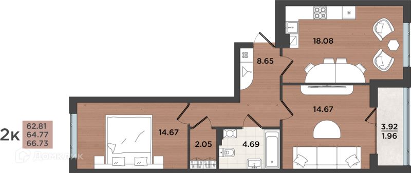 2-комн., 64.77 м², 1/8 этаж