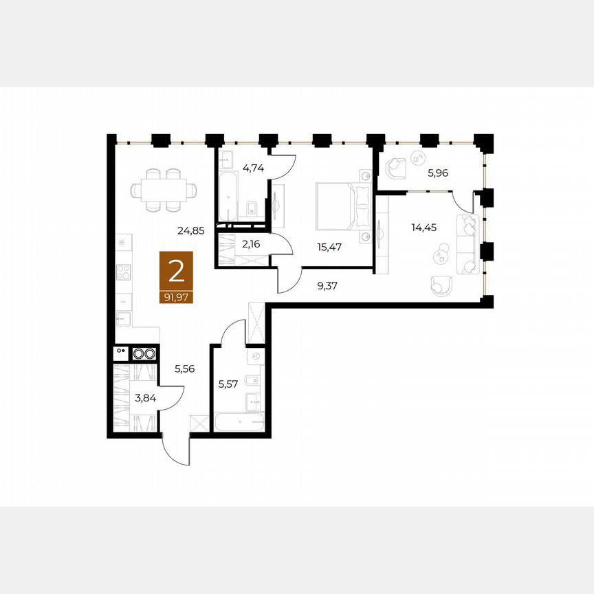 2-комн., 92 м², 3/8 этаж