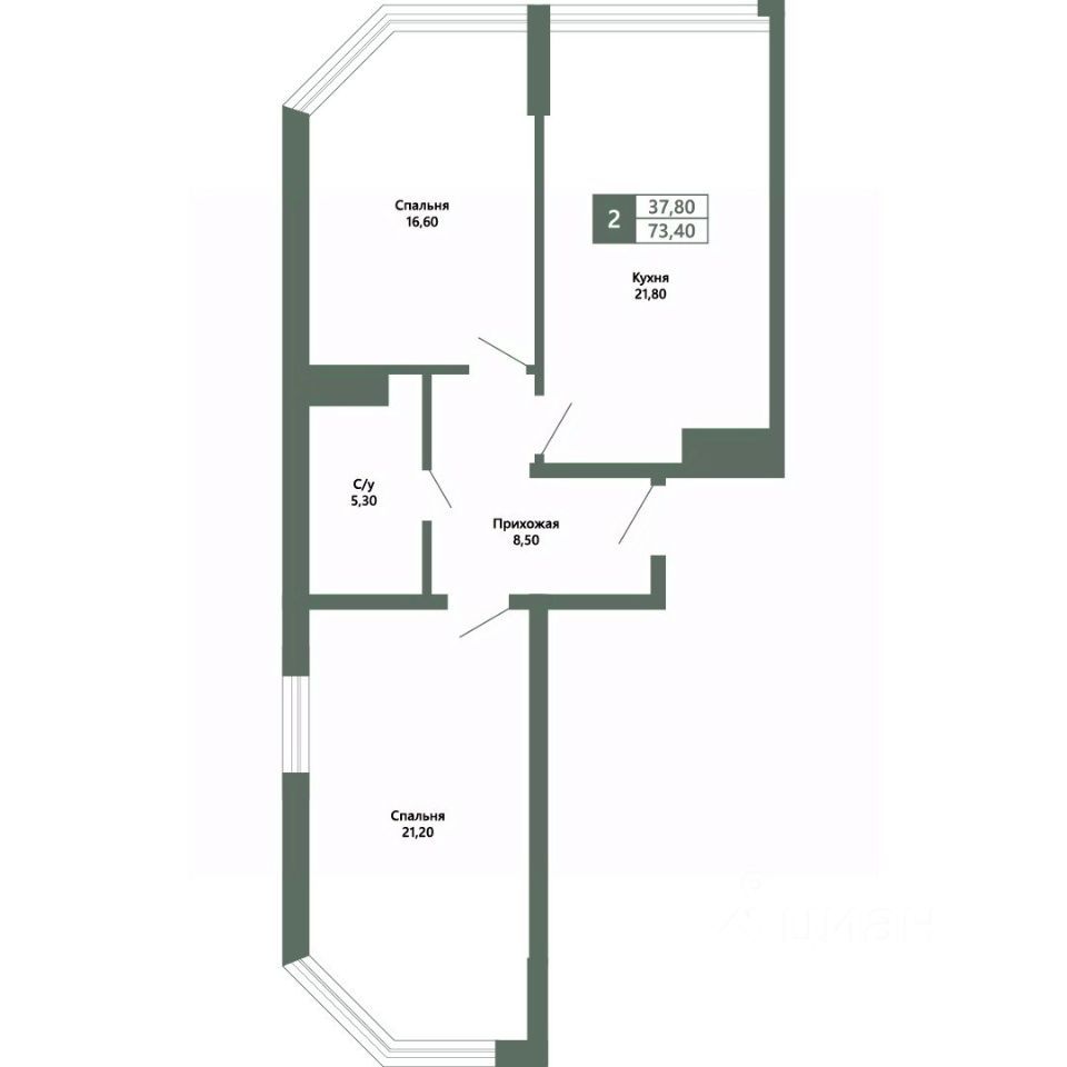 2-комн., 73.4 м², 6/16 этаж