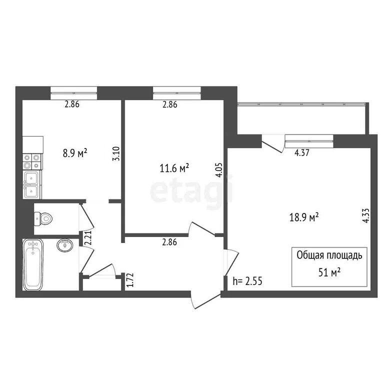 2-комн., 50.9 м², 7/9 этаж