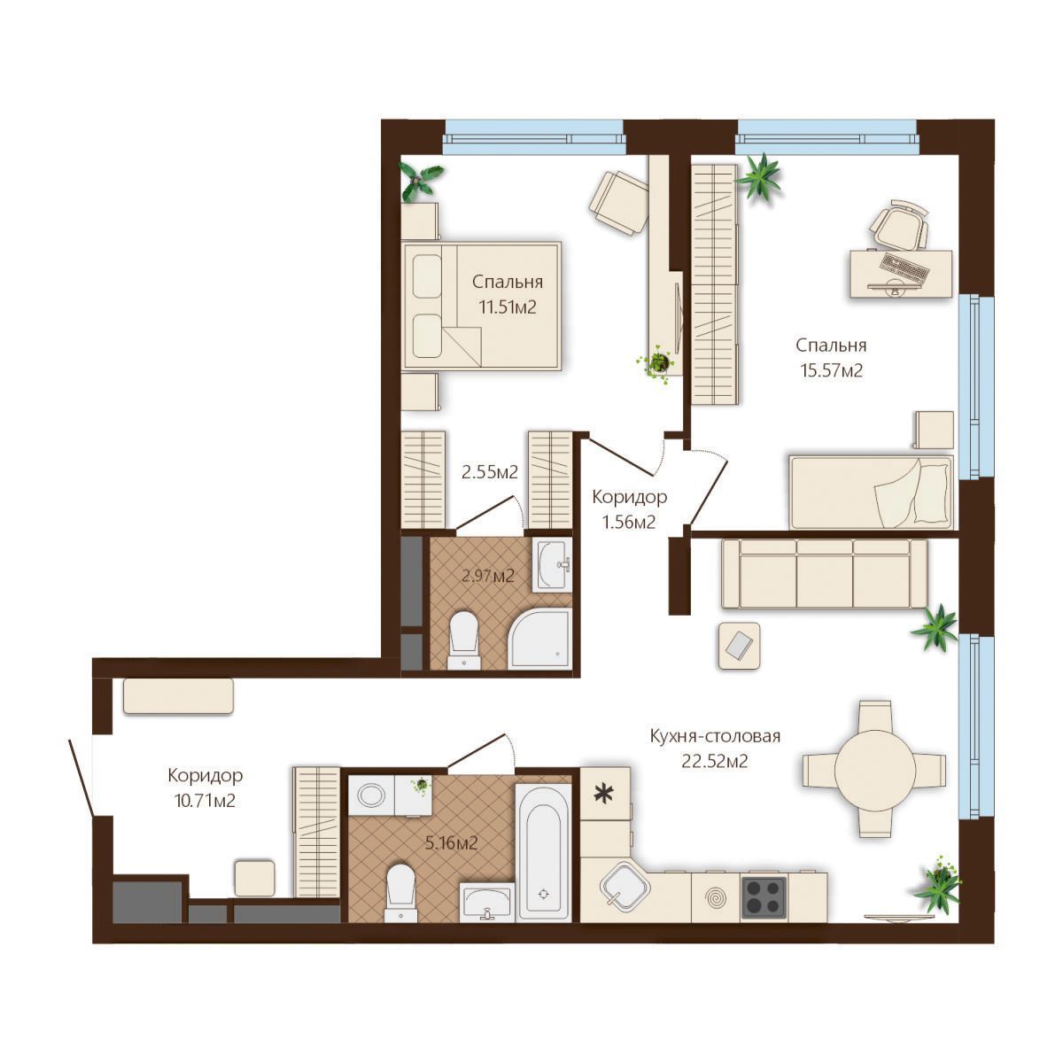 2-комн., 72.55 м², 12/25 этаж