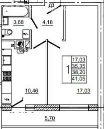 1-комн., 40.9 м², 1/10 этаж