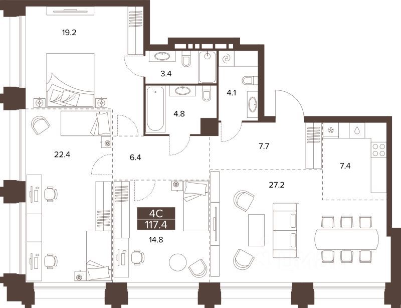 3-комн., 117.4 м², 8/16 этаж