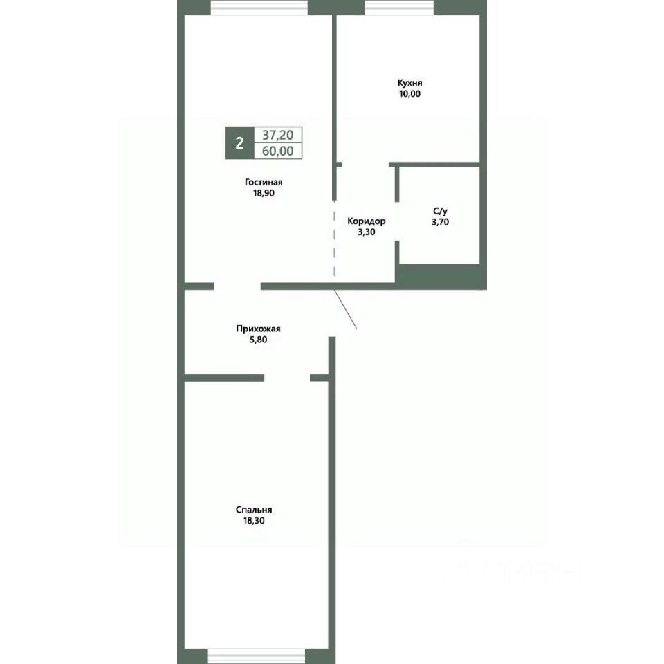 2-комн., 60 м², 10/10 этаж