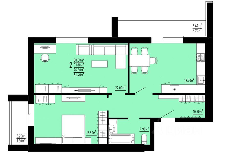 2-комн. квартира, 76.6 м², 6/10 этаж