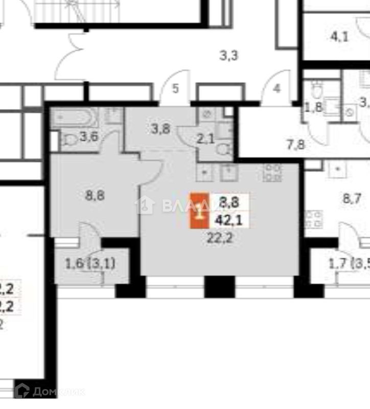 1-комн., 42.1 м², 26/43 этаж