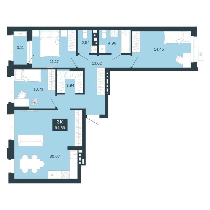 3-комн., 94.59 м², 9/25 этаж