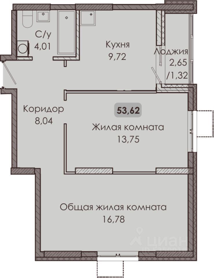 2-комн., 53.62 м², 9/9 этаж