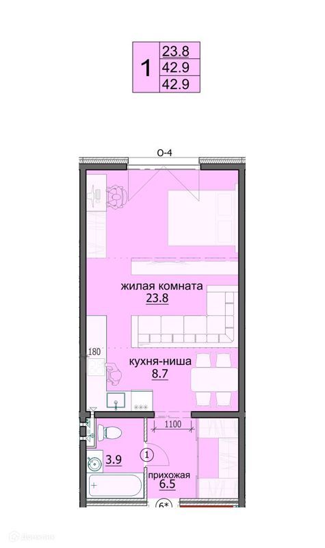 1-комн., 42.9 м², 14/18 этаж