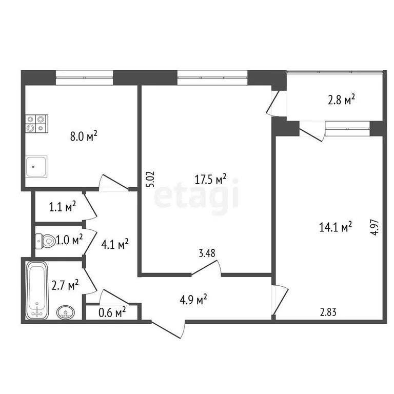 2-комн., 54 м², 1/9 этаж
