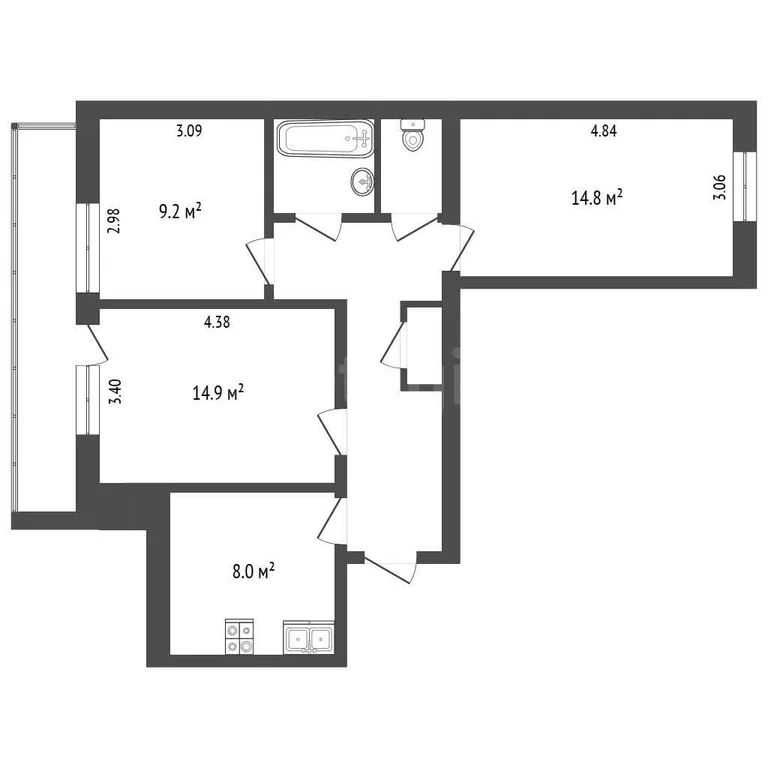 3-комн. квартира, 60.7 м2, 8/9 этаж