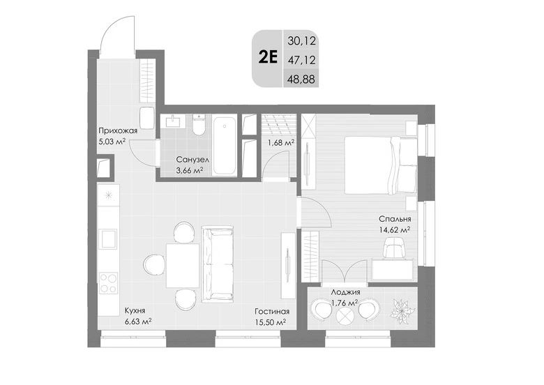2-комн., 48.88 м², 5/30 этаж