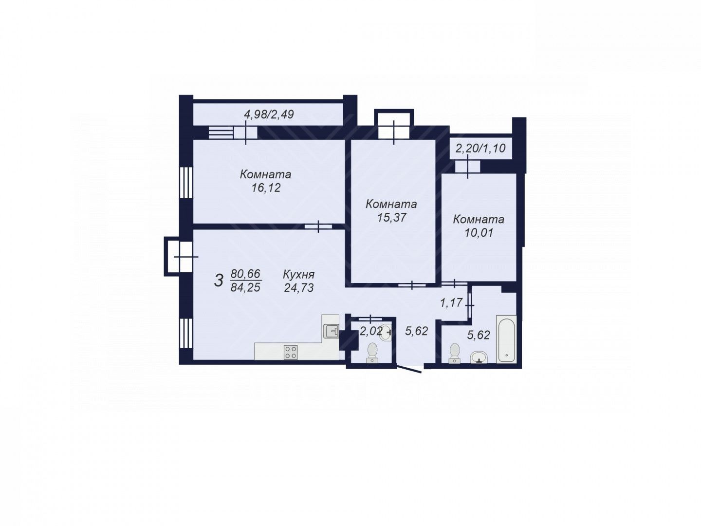 3-комн. квартира, 84.3 м2, 5/18 этаж