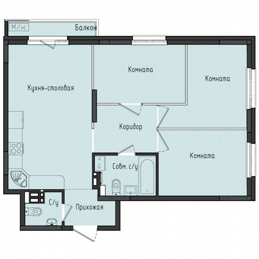 3-комн. квартира, 70 м2, 3/11 этаж