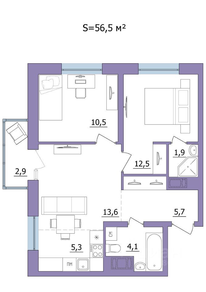 3-комн. квартира, 56.5 м2, 7/23 этаж
