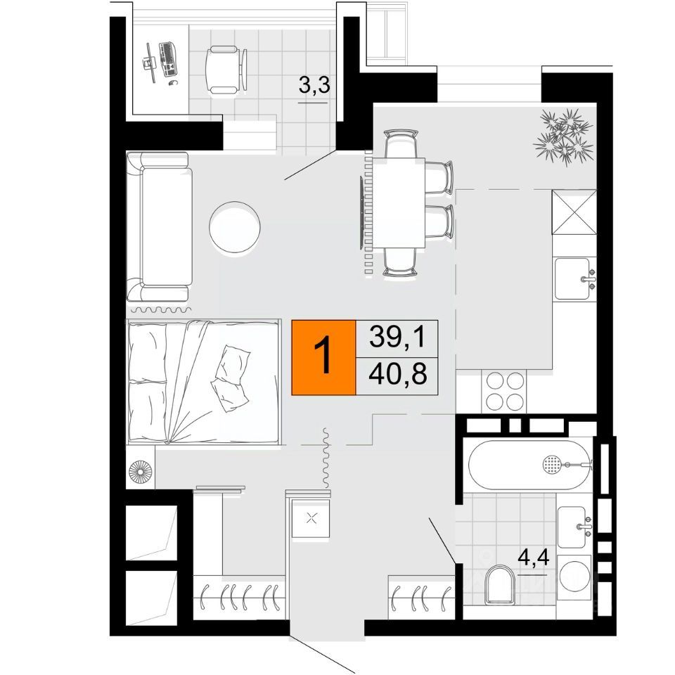1-комн. квартира, 40.8 м2, 13/14 этаж