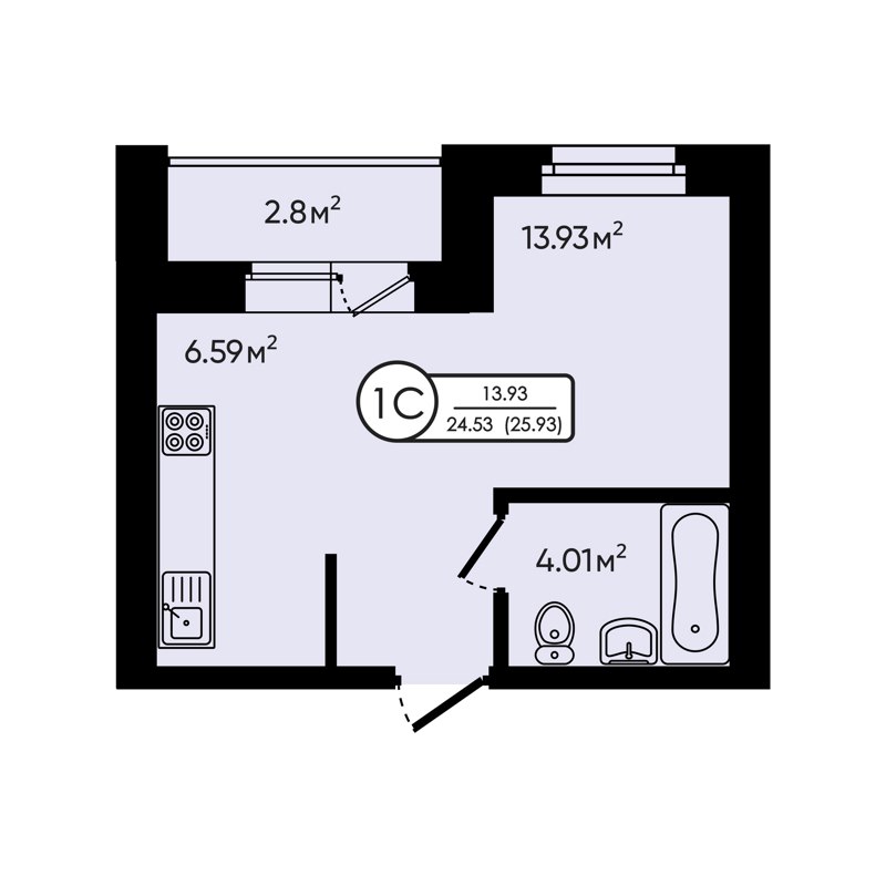 Студия, 25.93 м², 4/6 этаж