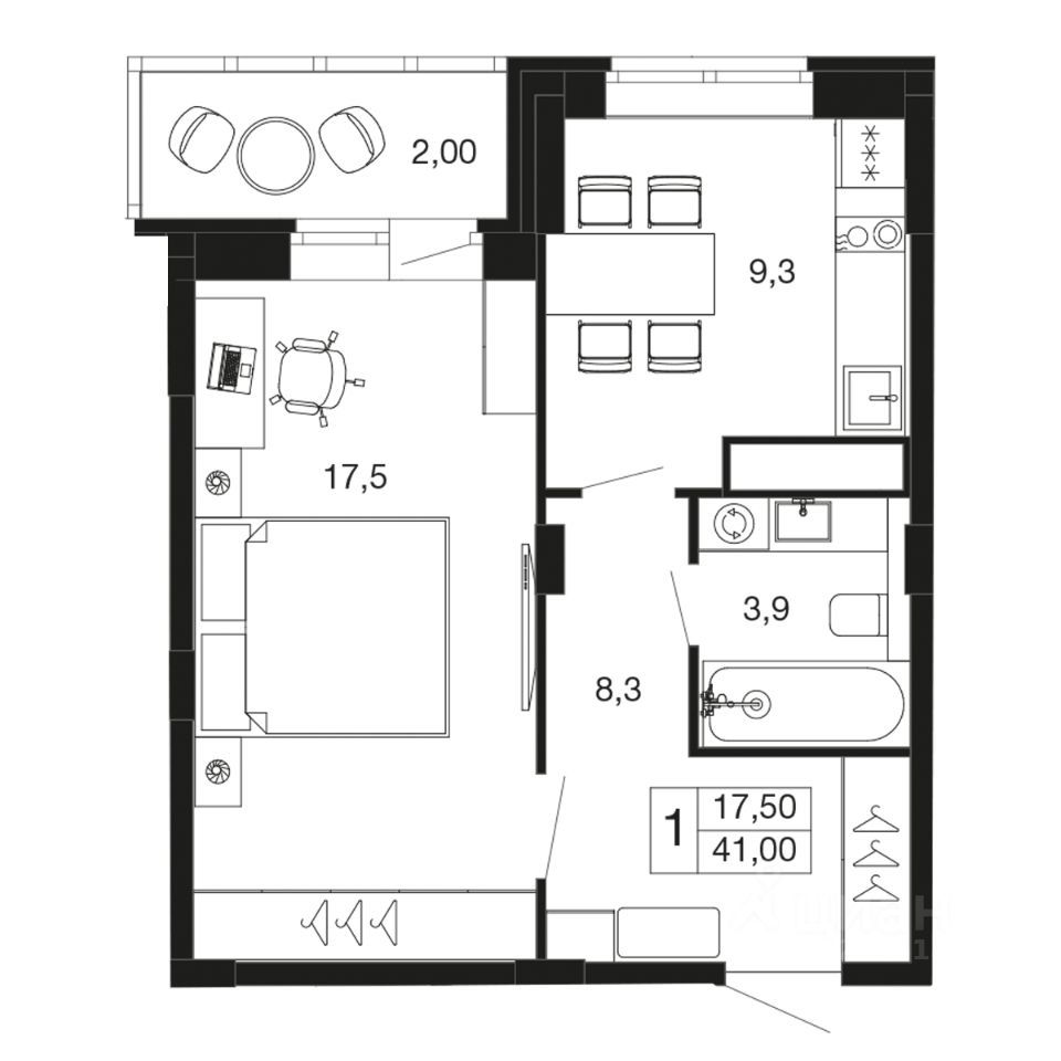 1-комн., 41 м², 5/9 этаж