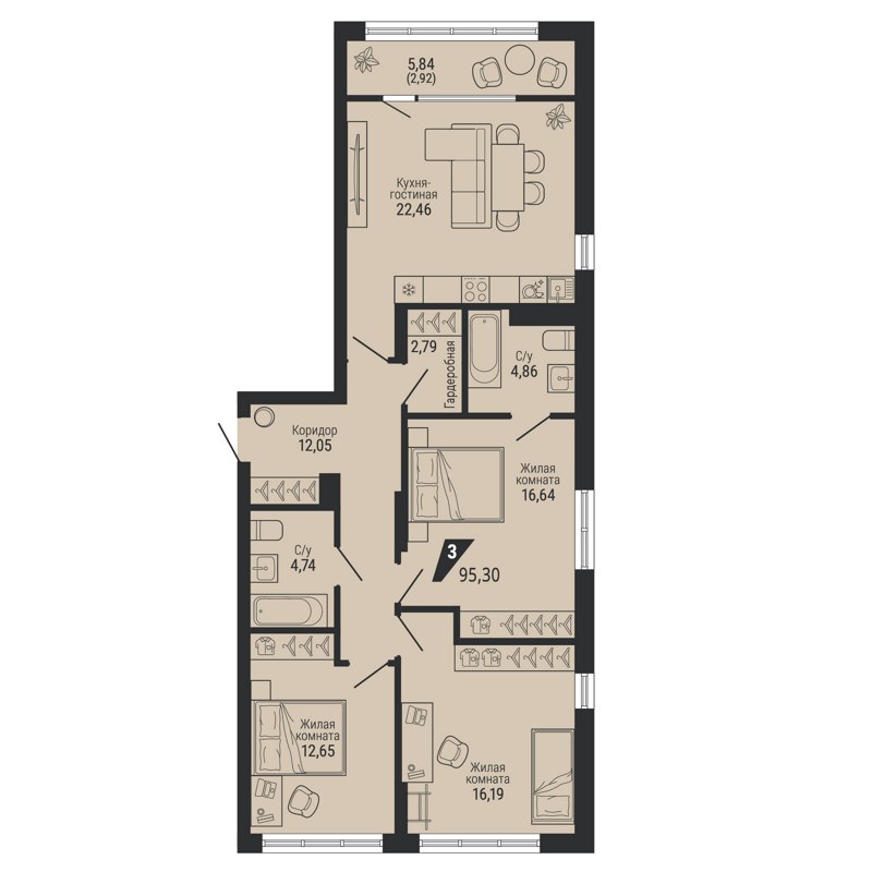 3-комн., 95.3 м², 9/22 этаж