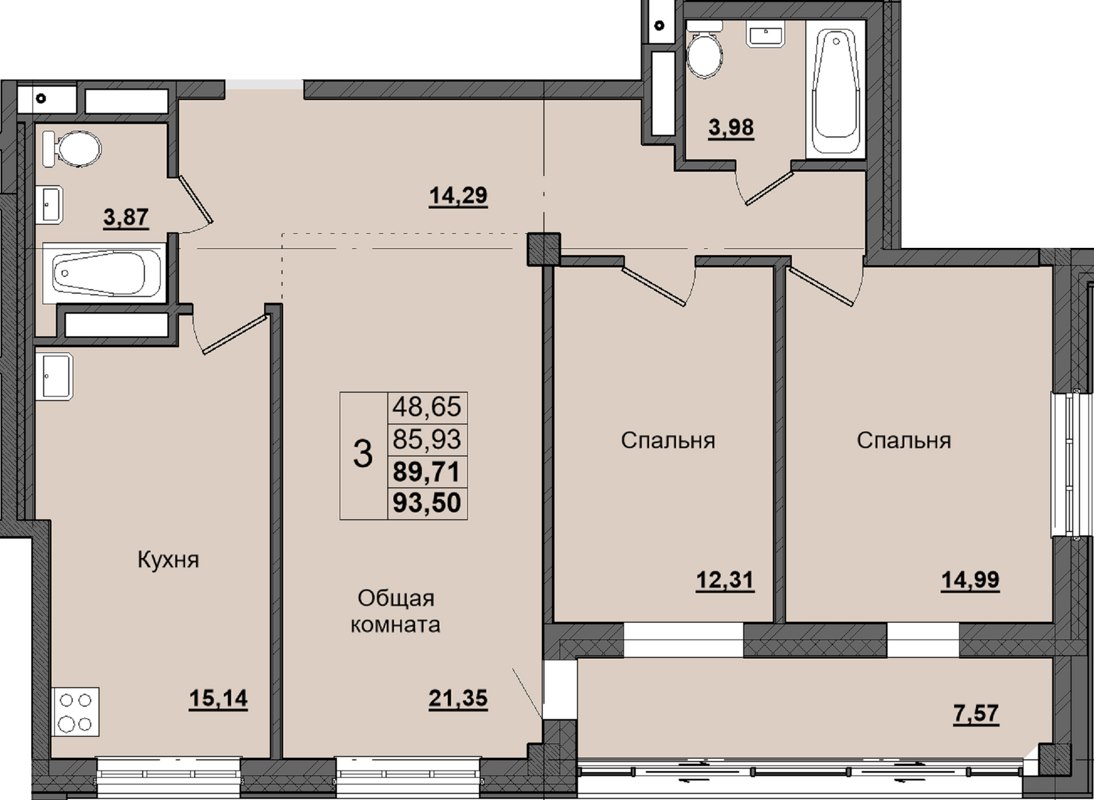 3-комн., 89.48 м², 16/16 этаж