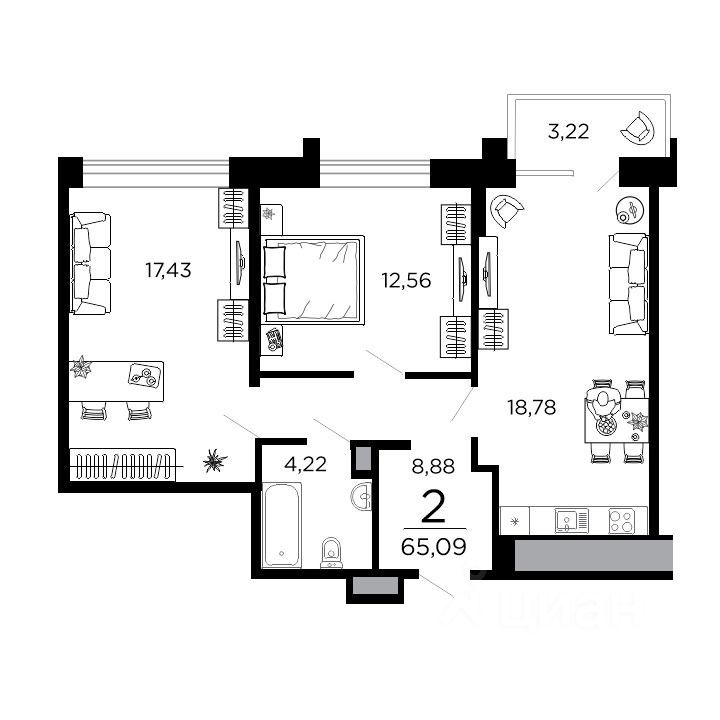 2-комн., 65.09 м², 10/19 этаж