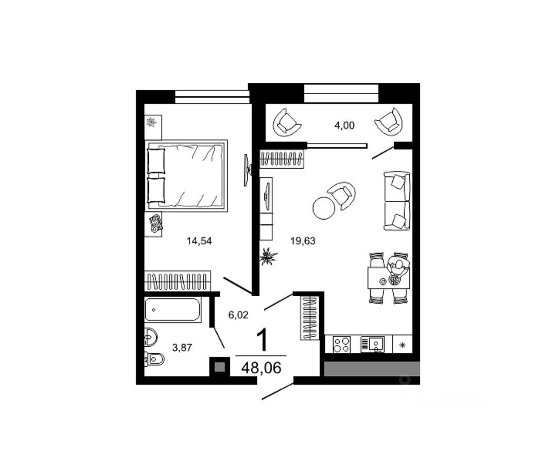 1-комн., 48.1 м², 2/11 этаж