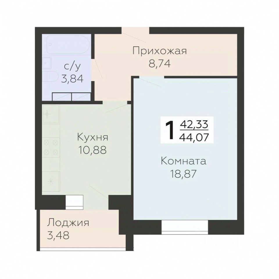 1-комн., 44.07 м², 2/17 этаж
