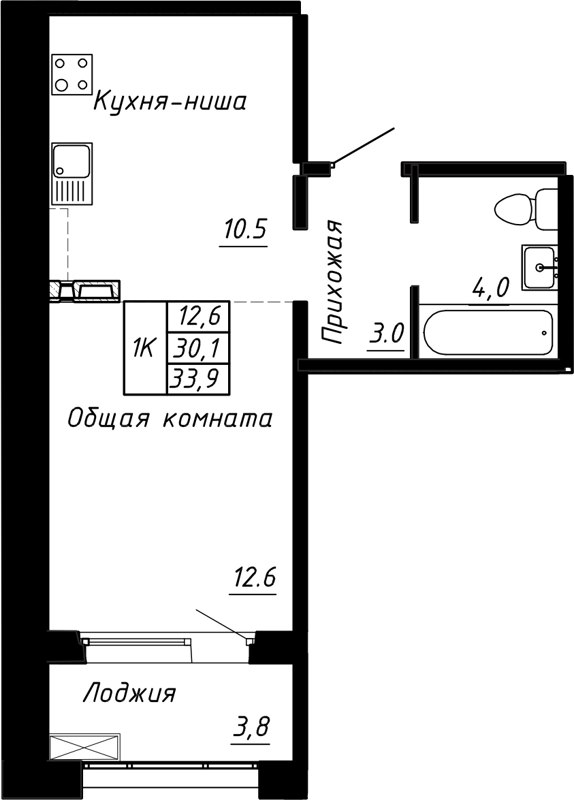 Студия, 33.9 м², 6/17 этаж