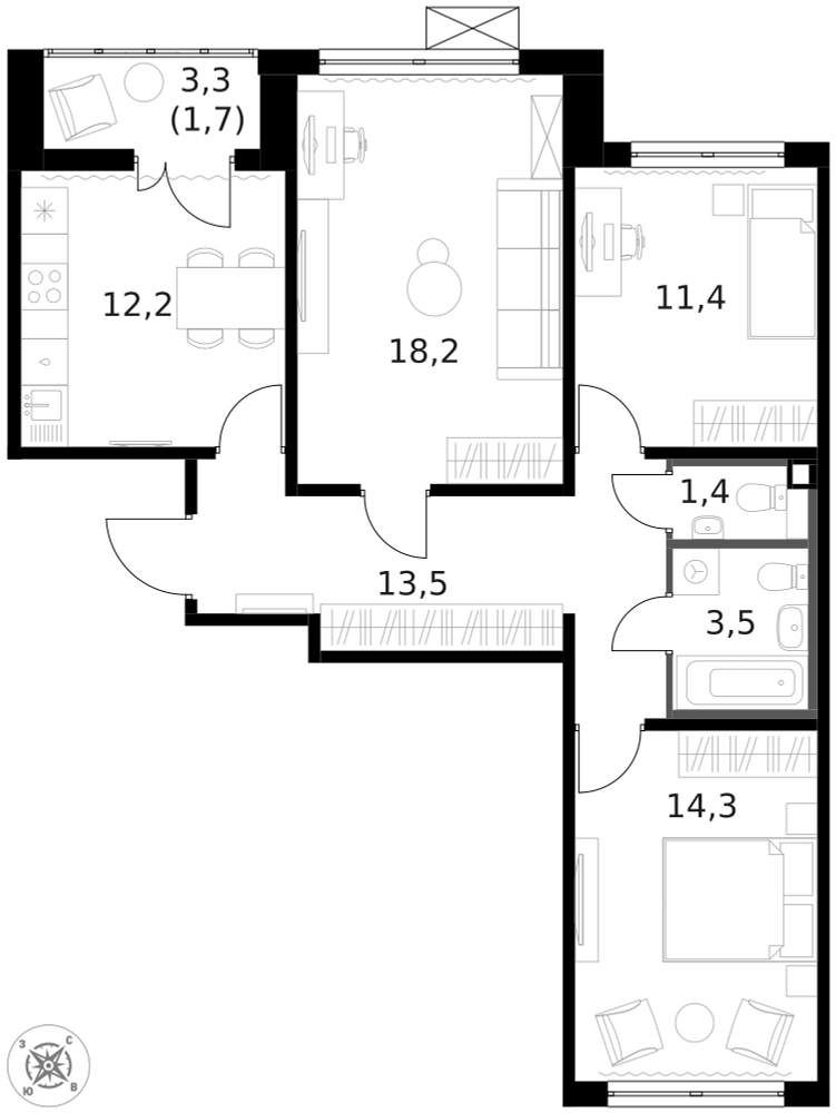 3-комн., 76.4 м², 14/14 этаж