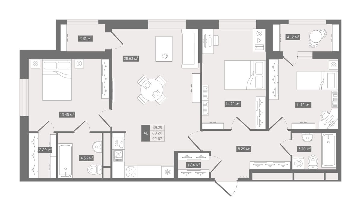 3-комн., 92.67 м², 2/13 этаж