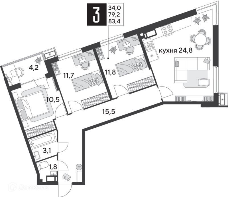 3-комн., 83.4 м², 14/18 этаж