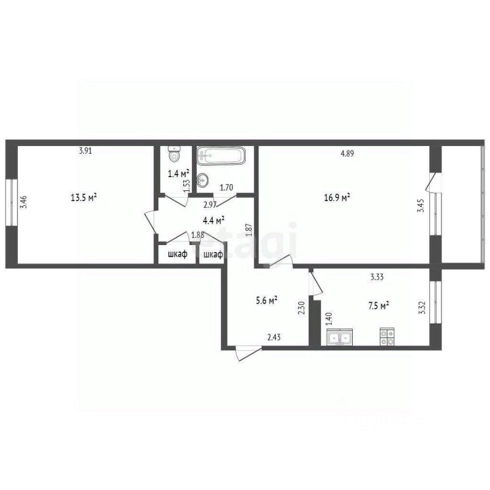 2-комн., 52.9 м², 1/5 этаж