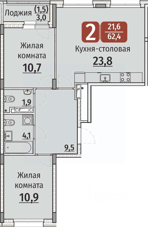 2-комн., 63.9 м², 4/9 этаж
