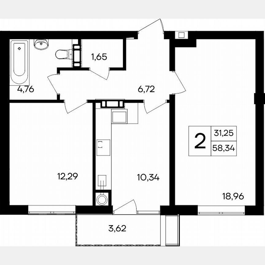 2-комн., 58.3 м², 8/8 этаж