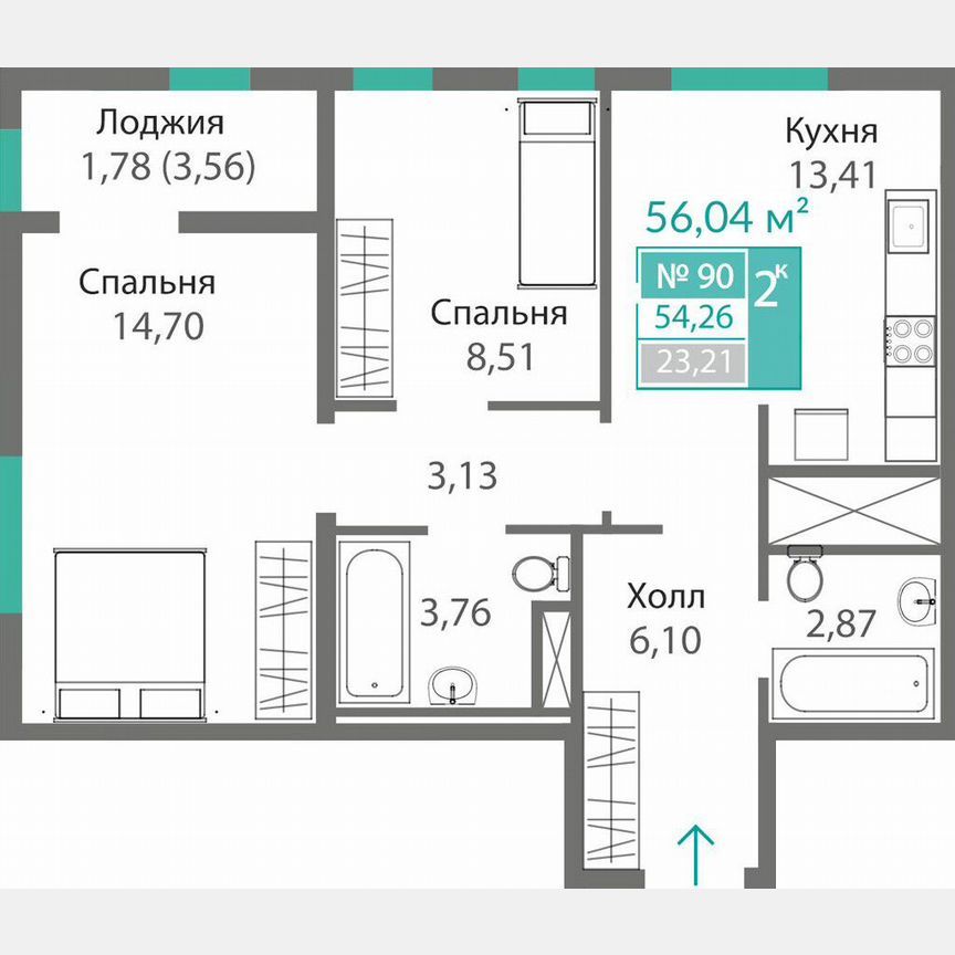 2-комн., 54.3 м², 10/15 этаж