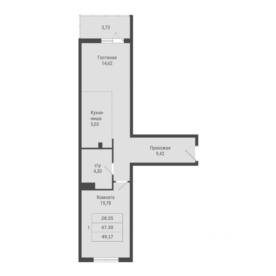 1-комн., 49.17 м², 3/22 этаж