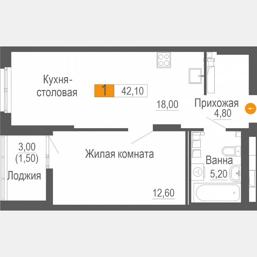 1-комн., 42.1 м², 2/25 этаж