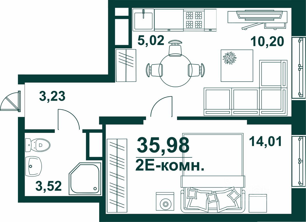 2-комн., 35.98 м², 19/24 этаж
