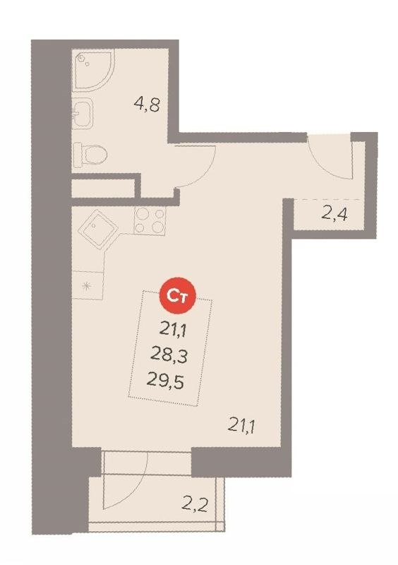 Студия, 29.5 м², 14/22 этаж