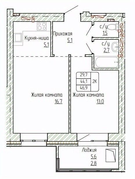 2-комн., 46.9 м², 6/14 этаж